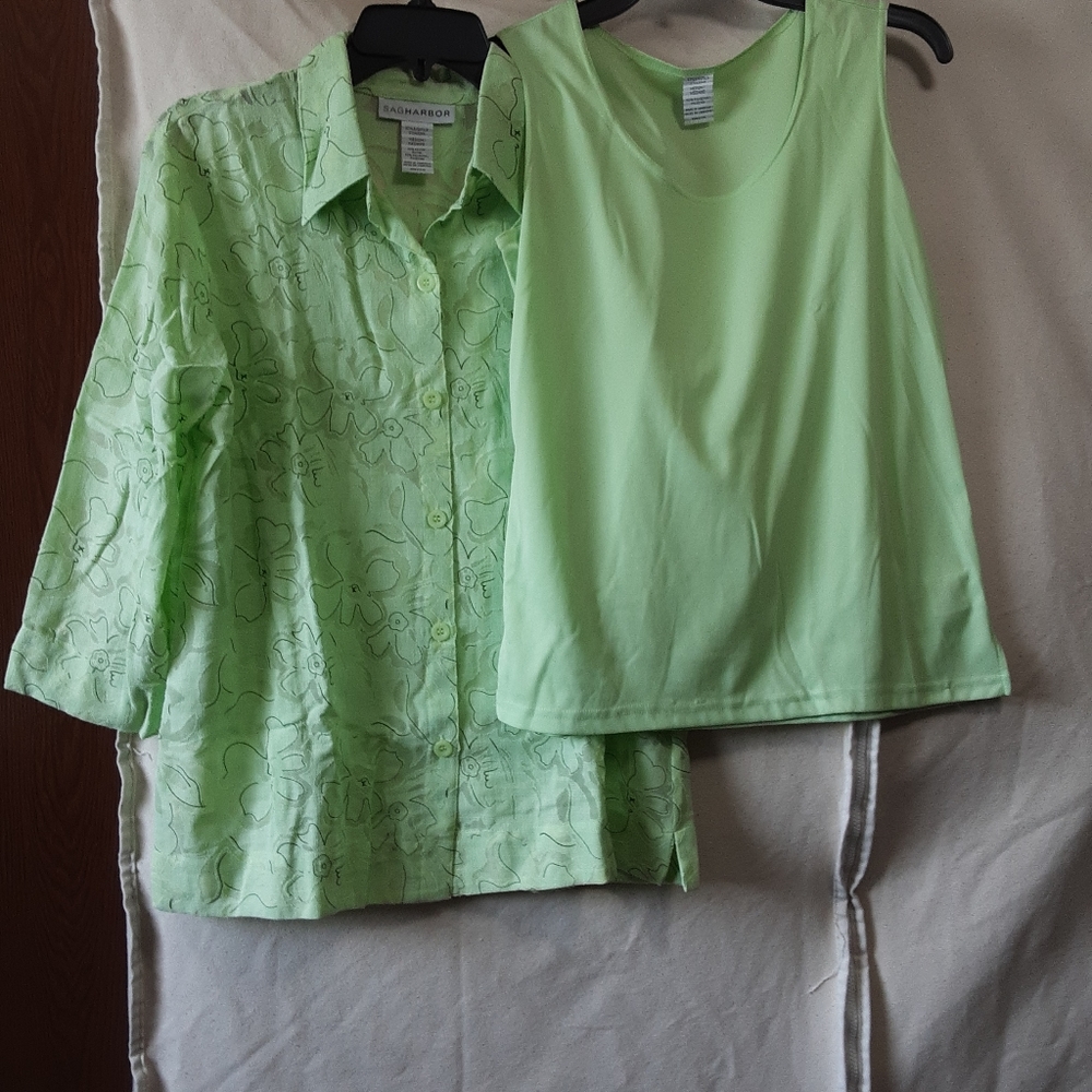 Sag Harbor #312 Top Blouse Women's Size M Two Pieces Preowned Lemon Green